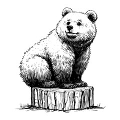 A cute bear cub sitting on a tree stump in a detailed monochrome sketch.