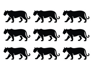 Seamless pattern features stylized black panther silhouettes on a clean white background in a repeated design.