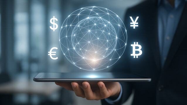 Person holding digital tablet with network connected glowing sphere surrounded by global currency symbols representing financial technology and global economy interaction - Powered by Adobe