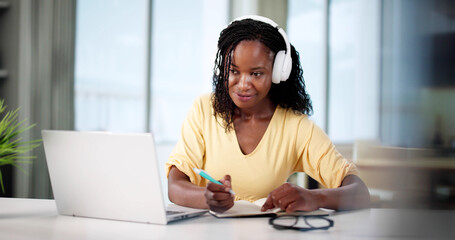 Black African Woman Doing Virtual Webinar From Home