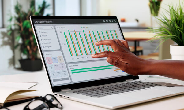 Young African American Woman Managing Finances On Laptop Using Budget App