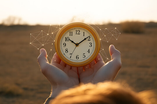 Hands holding golden clock with digital network time