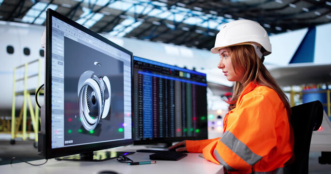 Young Female Aircraft Technician Using Computer Modeling