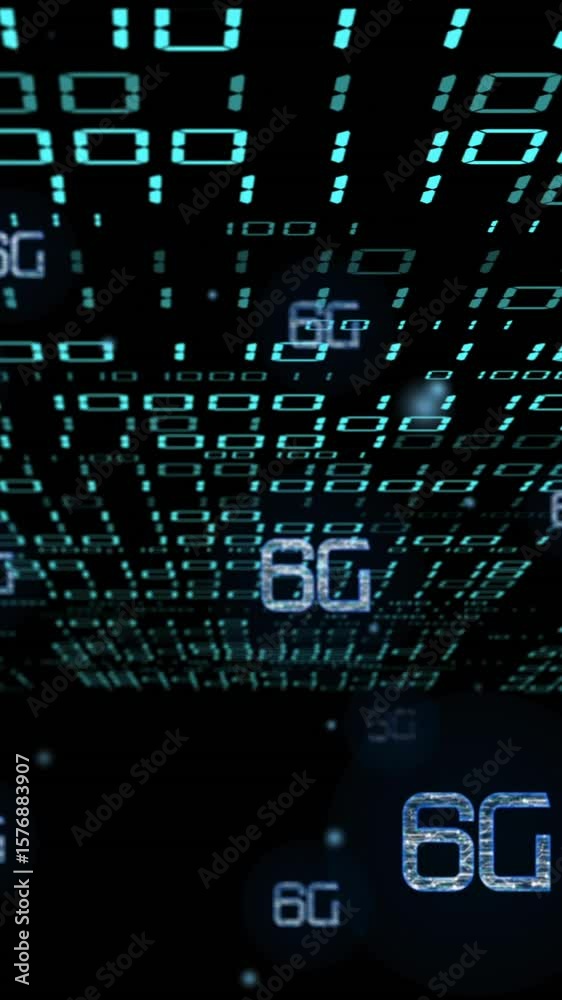 Poster 6g text and binary coding, futuristic data processing animation