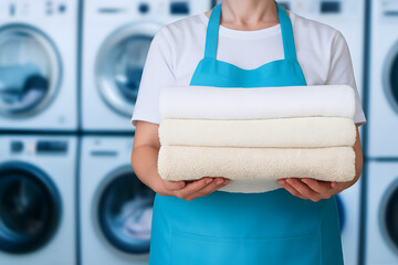 Person holding clean folded towels in laundry room image