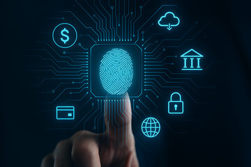 Futuristic fingerprint scanning technology for digital identity authentication with secure connection to finance cloud web and bank system icons glowing in blue light