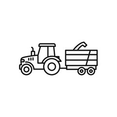 Obraz premium Simple black outline icon depicts farm tractor with cab pulling grain harvesting wagon on white background, concept for agricultural equipment illustration, rural transport symbols, and farming