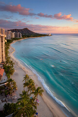 Tranquil Sunset Over Waikiki Beach with Diamond Head in the Background