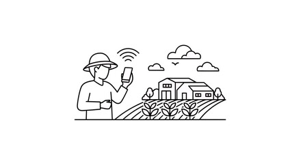 Line art of farmer with smartphone connecting to rural farm technology in field with houses, concept for agriculture technology applications, smart farming illustrations, and rural connectivity
