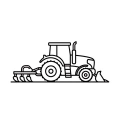 Naklejka premium detailed black outline illustration of a modern farm tractor featuring attached plowing equipment and a front loader shovel, concept for agricultural machine diagrams, farming business