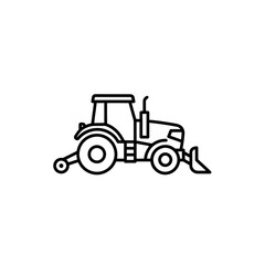 Detailed black outline illustration showing a modern farm tractor featuring front loader equipment, concept for agricultural planning presentations, heavy machinery construction project diagrams