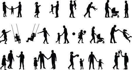 Family silhouettes engaging in activities, child in stroller, swinging, walking, ball playing, parenting moments, outdoor interaction, bonding, love, development