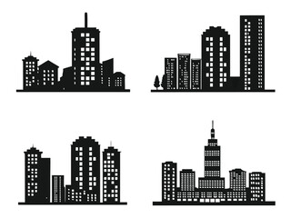 Naklejka premium Black silhouettes of modern city skylines showcasing buildings and urban architecture against white background.