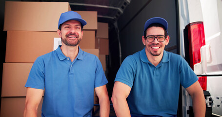 Two Hispanic Movers Unloading Boxes After Successful Moving Day