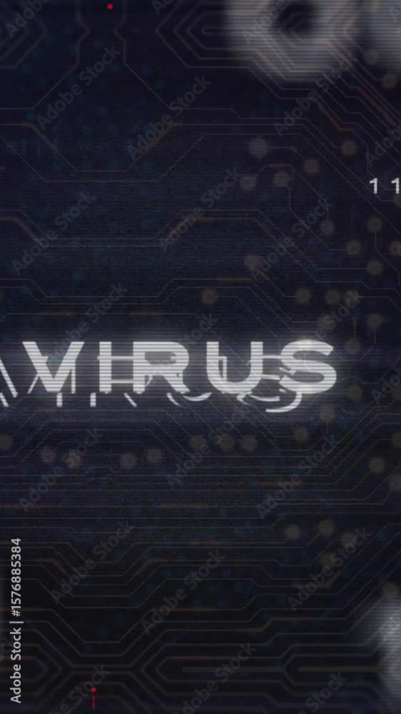 Poster Virus text animation over digital circuit board background with binary code
