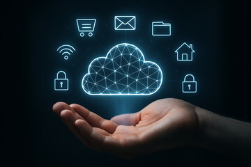 Cloud computing concept with floating holographic network icons representing security storage ecommerce email internet and data connectivity above open hand in digital space