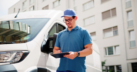 Happy Hispanic Courier Using Tablet To Deliver Packages