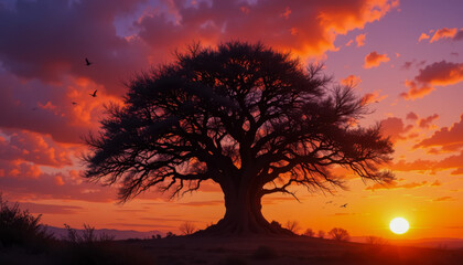 A lone, ancient oak tree stands silhouetted against a vibrant sunset. Birds fly overhead, adding to the serene, picturesque landscape. The warm colors of the sky paint a captivating scene.