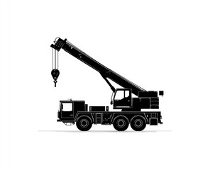 A monochrome illustration of a large, mobile crane with an extended boom, hook, and multiple axles, set against a stark white backdrop