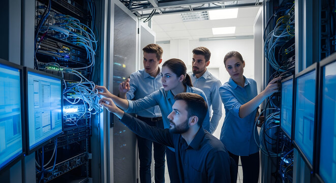 IT Team Inspecting Data Center Server Racks