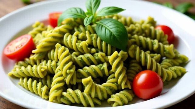 Delicious fusilli pasta with fresh pesto sauce and vibrant cherry tomatoes on a white plate, offering a delightful Italian meal
