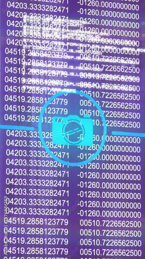 Poster digital data processing animation over binary code and blue icons on purple background