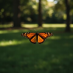 Monarch Butterfly in Flight Over Green Grass