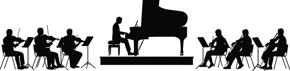 Pianist silhouette performing with orchestra musicians on stage, cad drawing flat vector illustration, classical concert layout, music ensemble sketch