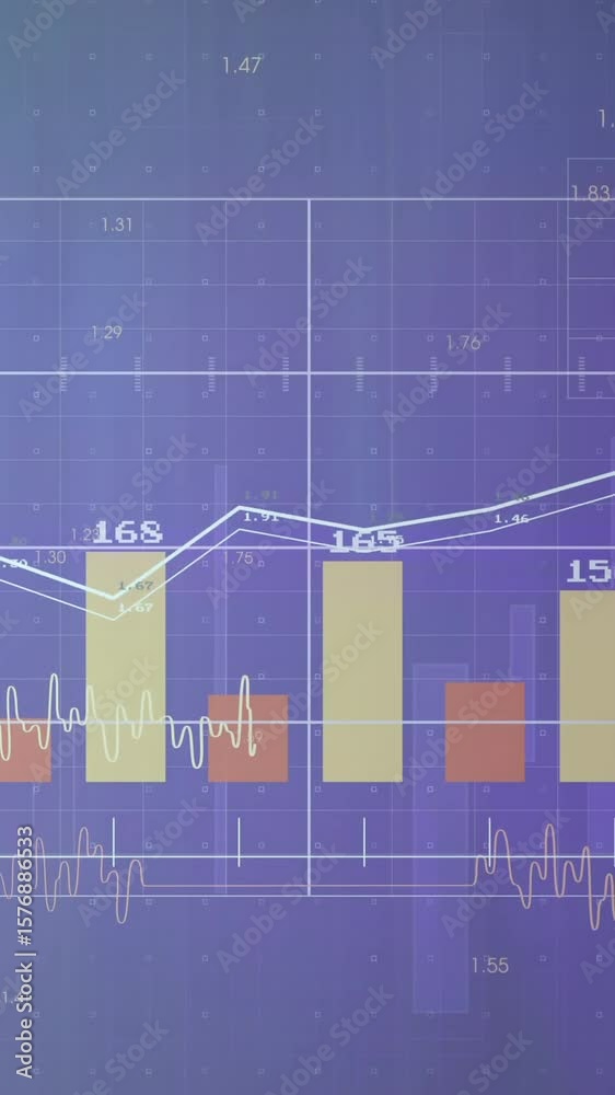 Poster bar and line graph data analysis animation over blue grid background