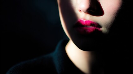 A model with bright pink lips, half-shadowed face, exuding elegance and mystery in dramatic lighting.
