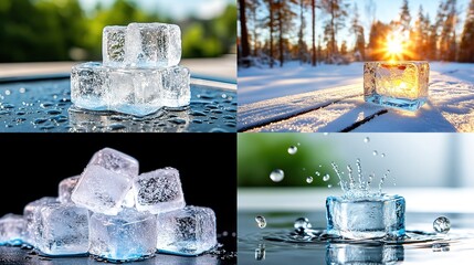 Four images with ice stack, sunlit, pile, and splash