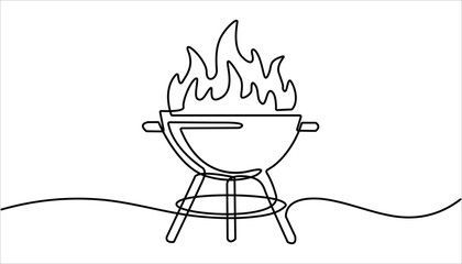 Continuous one line drawing of barbecue grill or kettle grill. barbecue grill. Set of continuous one line BBQ grill elements. Single line drawing of a barbecue grill with flames