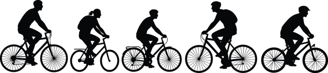 Silhouette cyclists riding in formation on road, cad drawing flat vector illustration, group fitness sport, outdoor cycling activity concept