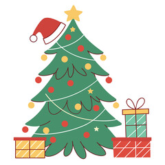 Decorated Green Fir Tree with Presents and Santa Hat