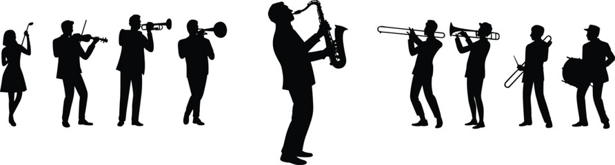 Silhouette of jazz band musicians playing instruments, performing in harmony, musical ensemble vector illustration, isolated on white background