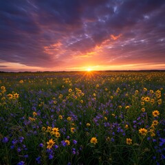 Obraz premium Vibrant Sunset Over a Field of Yellow and Purple Flowers