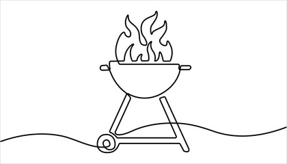 Continuous one line drawing of barbecue grill or kettle grill. barbecue grill. Set of continuous one line BBQ grill elements. Single line drawing of a barbecue grill with flames