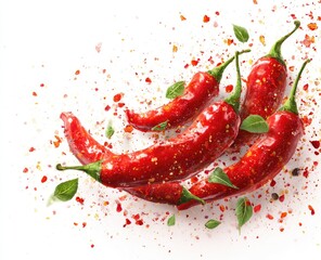 Vibrant red chili peppers in dynamic motion, adorned with scattered red pepper flakes and fresh green leaves against a stark white backdrop