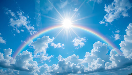 Bright sun shining over a rainbow and fluffy white clouds in a clear blue sky on a sunny day weather