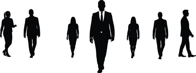 Silhouettes of business professionals walking, office attire, leadership concept, teamwork, unity in diversity, corporate lifestyle, modern work environment, movement