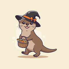 Halloween  cute Otter with Witch Hat and Pumpkin Basket. vector illustration
