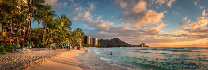 Tranquil Sunset Over Waikiki Beach with Diamond Head in the Background