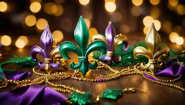 Ornate fleur‑de‑lis trio gleams in metallic carnival hues, embodying New Orleans pride and Mardi Gras opulence.