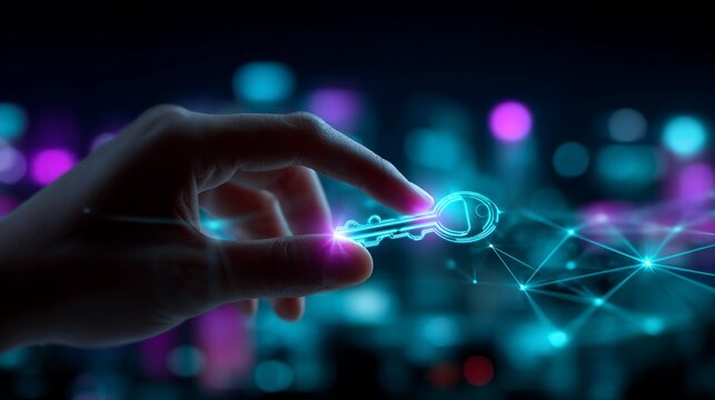 Hand touching a glowing digital key, symbolizing secure access in a futuristic network.