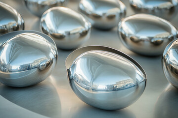 Gleaming metal sculptures arranged artistically offer a captivating abstract view and an intriguing reflective surface.