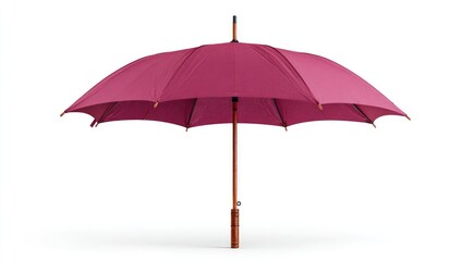 A deep crimson umbrella with a wooden handle, fully opened against a white backdrop, showcasing its elegant design and sturdy construction