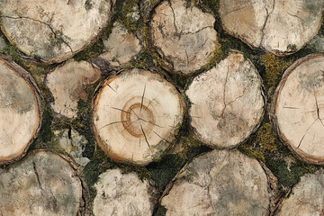 Detailed close-up showcases stacked tree trunks with aged wood and moss, creating a textural natural background