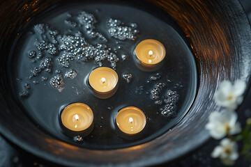 Burning tealight candles float serenely in a bowl of water offering a moment of calm and peacefulness, accented by delicate white blossoms.