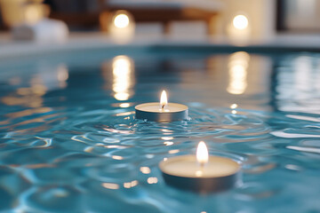 Teal water shimmers as candles float, creating a peaceful spa atmosphere and a relaxing wellness mood for a tranquil escape.