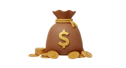 3D Illustration Brown Money Bag with Dollar Sign Golden Coins